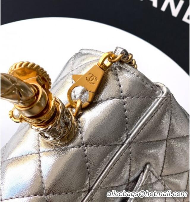Best Price Chanel Calfskin Leather Small Flap Bag with Top Handle and Charm CH112701 Silver 2025