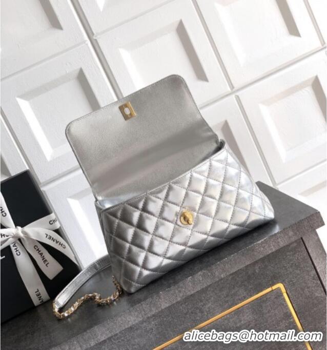 Best Price Chanel Calfskin Leather Small Flap Bag with Top Handle and Charm CH112701 Silver 2025