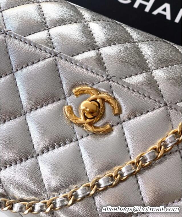 Best Price Chanel Calfskin Leather Small Flap Bag with Top Handle and Charm CH112701 Silver 2025