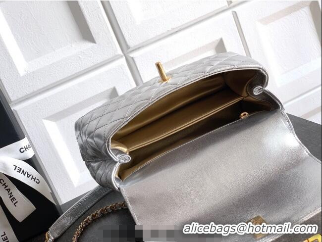 Best Price Chanel Calfskin Leather Small Flap Bag with Top Handle and Charm CH112701 Silver 2025