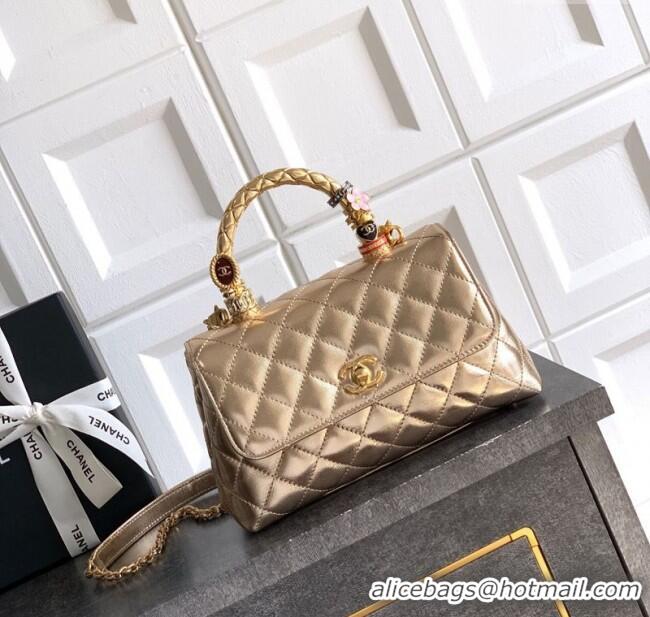 Grade Discount Chanel Calfskin Leather Small Flap Bag with Top Handle and Charm CH112701 Gold 2025