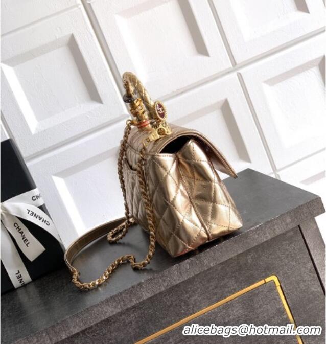 Grade Discount Chanel Calfskin Leather Small Flap Bag with Top Handle and Charm CH112701 Gold 2025
