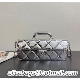 Free Shipping Chanel Metallic Mirror Calfskin Large Flap Bag with Top Handle AS5807 Silver 2025