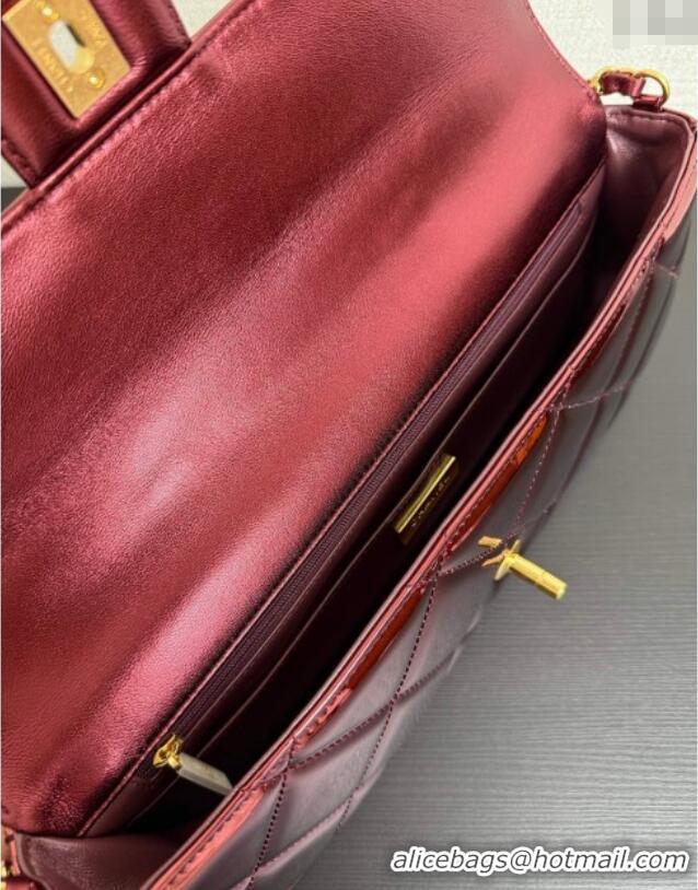 Luxury Cheap Chanel Metallic Mirror Calfskin Large Flap Bag with Top Handle AS5807 Burgundy 2025