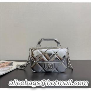 Top Grade Chanel Metallic Mirror Calfskin Mini Flap Bag with Top Handle AS5805 Silver 2025