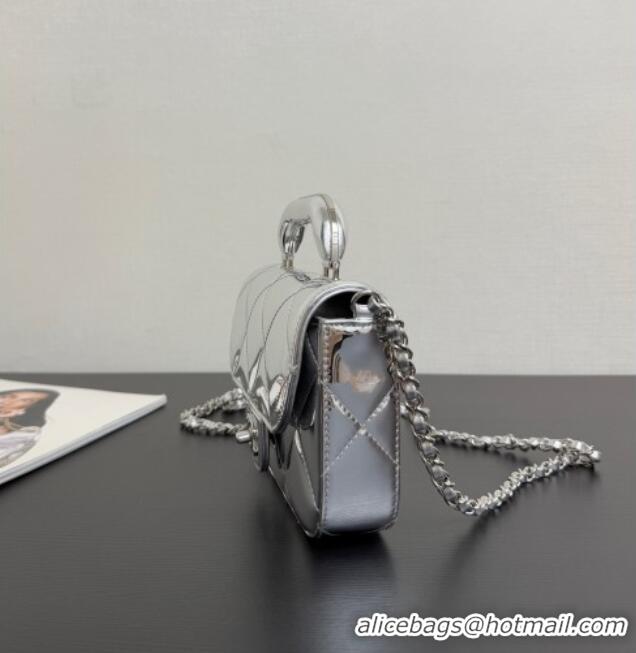 Top Grade Chanel Metallic Mirror Calfskin Mini Flap Bag with Top Handle AS5805 Silver 2025