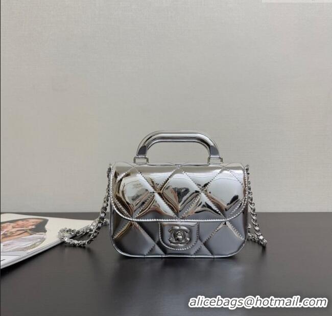 Top Grade Chanel Metallic Mirror Calfskin Mini Flap Bag with Top Handle AS5805 Silver 2025