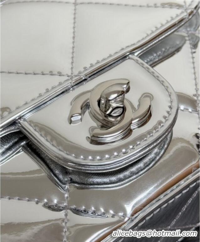 Top Grade Chanel Metallic Mirror Calfskin Mini Flap Bag with Top Handle AS5805 Silver 2025