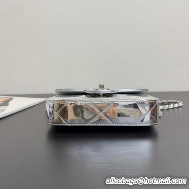 Top Grade Chanel Metallic Mirror Calfskin Mini Flap Bag with Top Handle AS5805 Silver 2025