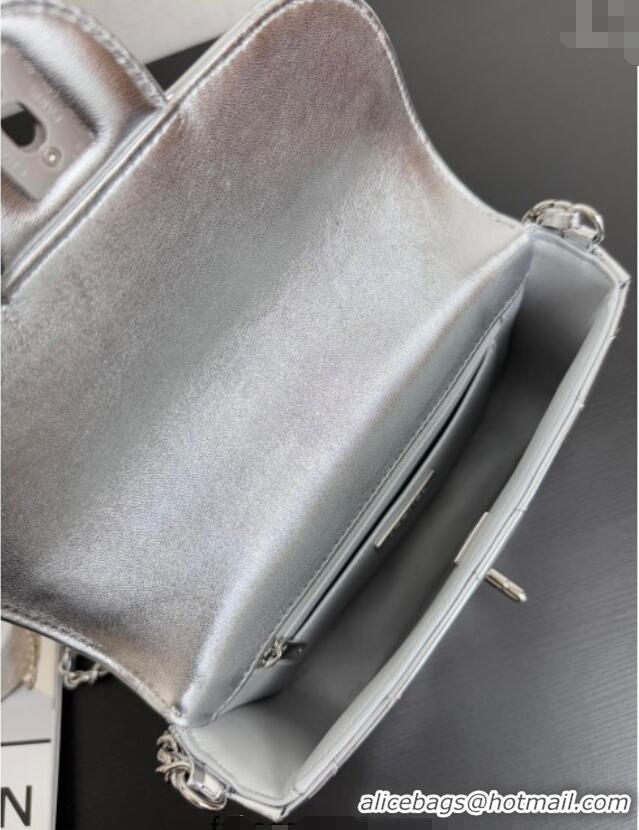 Top Grade Chanel Metallic Mirror Calfskin Mini Flap Bag with Top Handle AS5805 Silver 2025