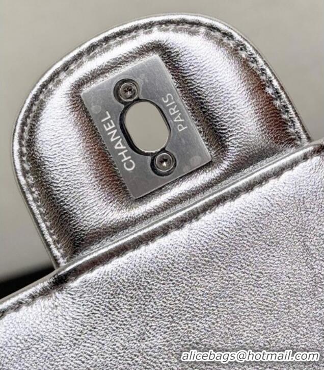 Top Grade Chanel Metallic Mirror Calfskin Mini Flap Bag with Top Handle AS5805 Silver 2025