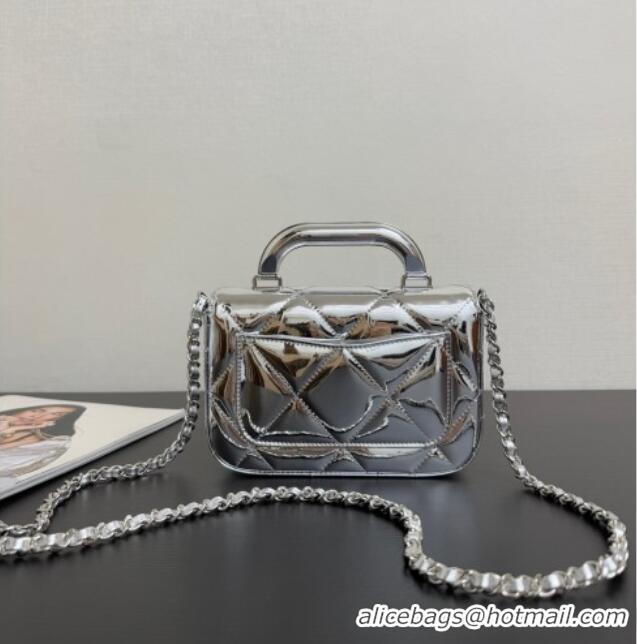 Top Grade Chanel Metallic Mirror Calfskin Mini Flap Bag with Top Handle AS5805 Silver 2025