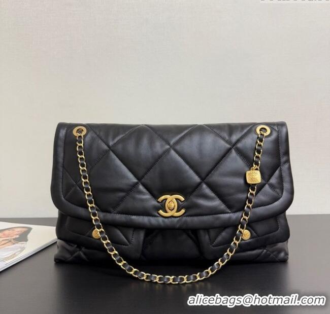 Cheap Design Chanel Shiny Lambskin Maxi Flap bag with Pockets AS5727 Black 2025