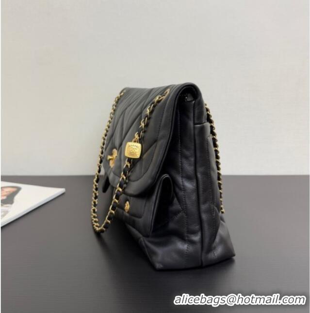 Cheap Design Chanel Shiny Lambskin Maxi Flap bag with Pockets AS5727 Black 2025