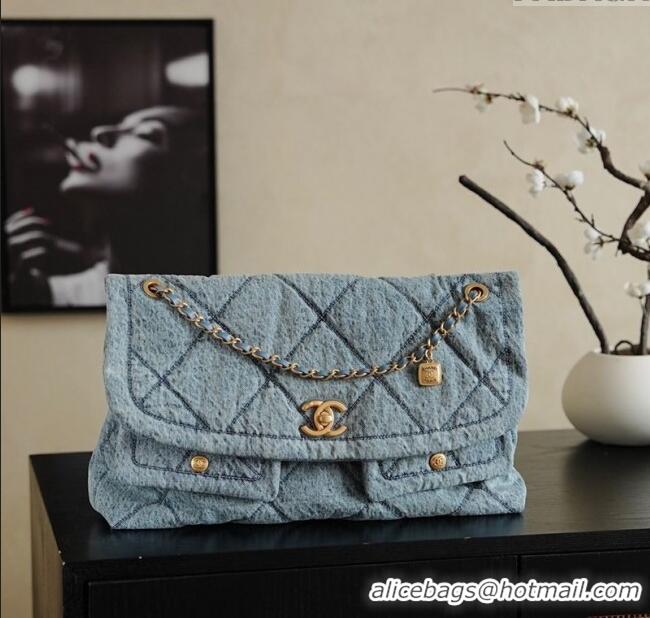 Top Quality Chanel Washed Denim Maxi Flap bag with Pockets AS5727 Light Blue 2025