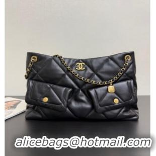 Good Product Chanel Shiny Lambskin Shopping Bag with Pockets AS5740 Black 2025