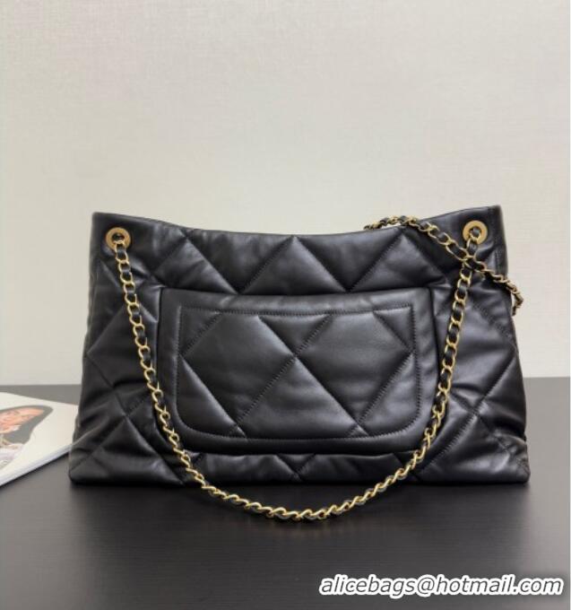 Good Product Chanel Shiny Lambskin Shopping Bag with Pockets AS5740 Black 2025