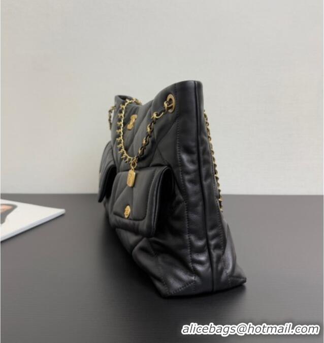Good Product Chanel Shiny Lambskin Shopping Bag with Pockets AS5740 Black 2025