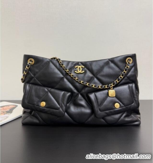 Good Product Chanel Shiny Lambskin Shopping Bag with Pockets AS5740 Black 2025