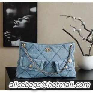 Good Quality Chanel Washed Denim Shopping Bag with Pockets AS5740 Light Blue 2025