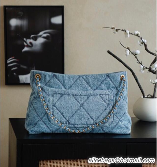 Good Quality Chanel Washed Denim Shopping Bag with Pockets AS5740 Light Blue 2025