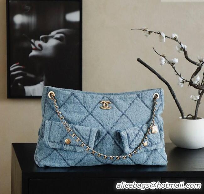 Good Quality Chanel Washed Denim Shopping Bag with Pockets AS5740 Light Blue 2025