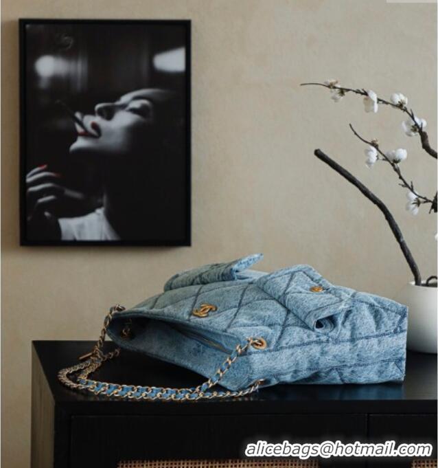Good Quality Chanel Washed Denim Shopping Bag with Pockets AS5740 Light Blue 2025