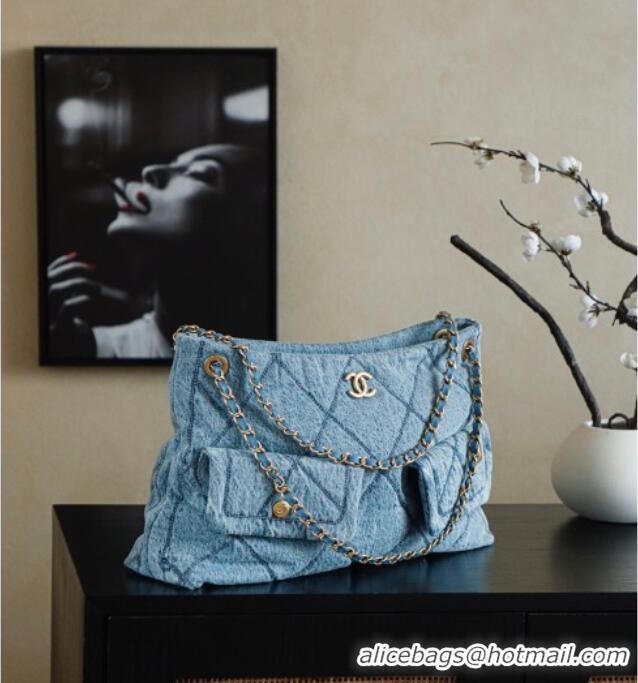 Good Quality Chanel Washed Denim Shopping Bag with Pockets AS5740 Light Blue 2025