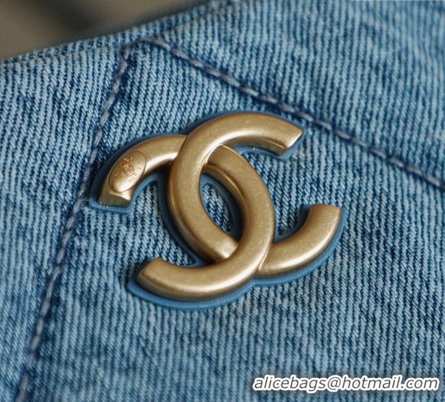 Good Quality Chanel Washed Denim Shopping Bag with Pockets AS5740 Light Blue 2025