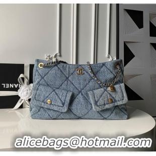 Best Price Chanel Washed Denim Shopping Bag with Pockets AS5740 Blue 2025