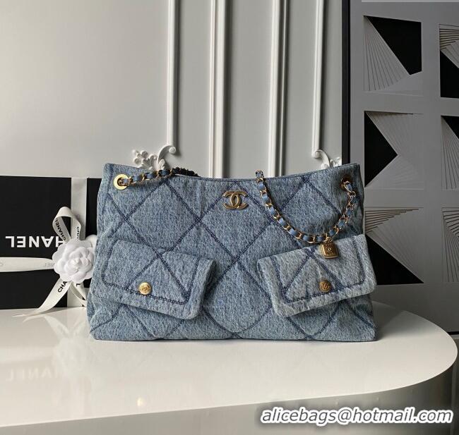 Best Price Chanel Washed Denim Shopping Bag with Pockets AS5740 Blue 2025