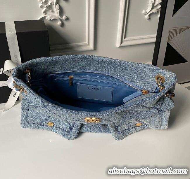 Best Price Chanel Washed Denim Shopping Bag with Pockets AS5740 Blue 2025