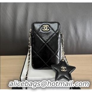 Inexpensive Chanel Shiny Crumpled Calfskin Phone Holder with Chain AP4777 Black 2025