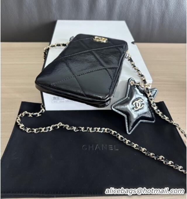 Inexpensive Chanel Shiny Crumpled Calfskin Phone Holder with Chain AP4777 Black 2025