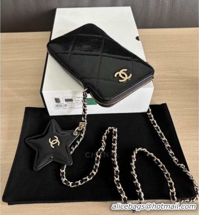 Inexpensive Chanel Shiny Crumpled Calfskin Phone Holder with Chain AP4777 Black 2025