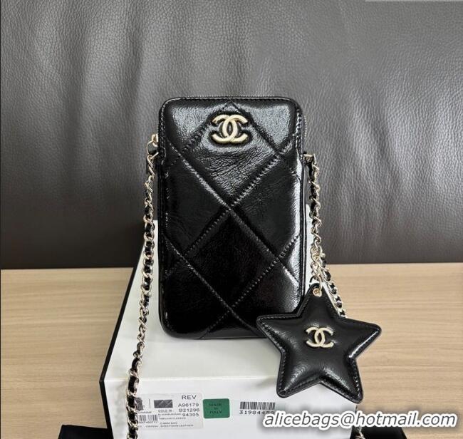 Inexpensive Chanel Shiny Crumpled Calfskin Phone Holder with Chain AP4777 Black 2025