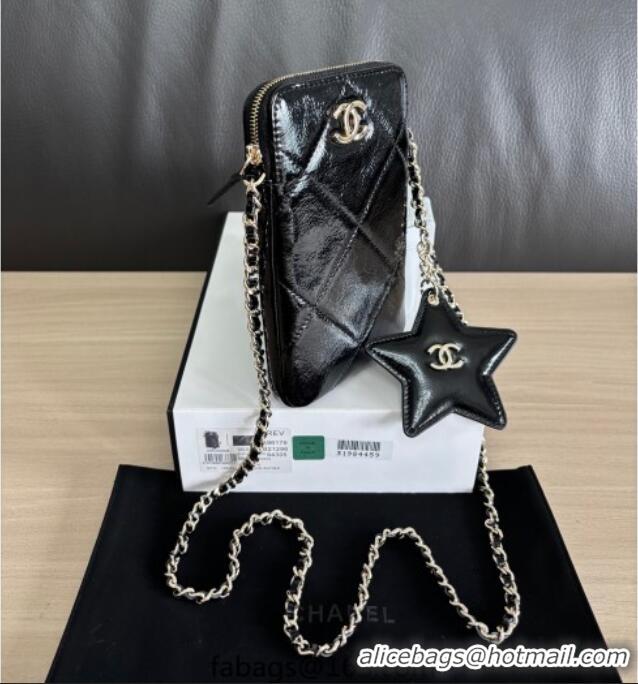 Inexpensive Chanel Shiny Crumpled Calfskin Phone Holder with Chain AP4777 Black 2025