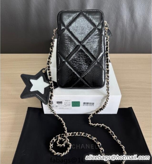 Inexpensive Chanel Shiny Crumpled Calfskin Phone Holder with Chain AP4777 Black 2025