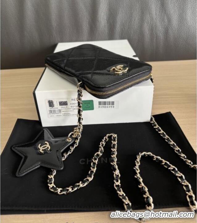 Inexpensive Chanel Shiny Crumpled Calfskin Phone Holder with Chain AP4777 Black 2025