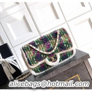 Best Price Chanel Tweed & Shearling Large Flap Bag AS5686 Green/Purple 2025