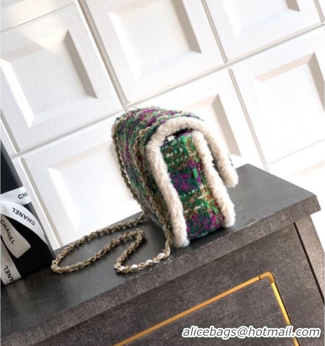 Best Price Chanel Tweed & Shearling Large Flap Bag AS5686 Green/Purple 2025