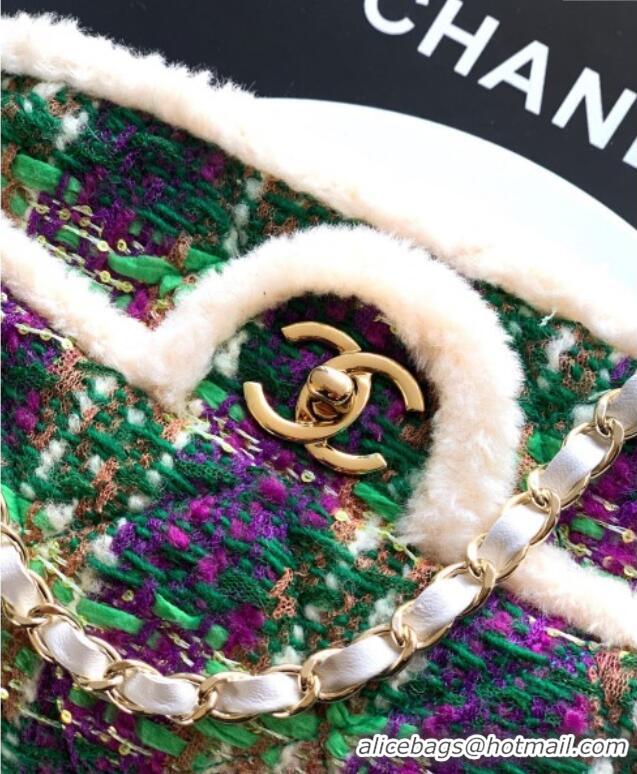 Best Price Chanel Tweed & Shearling Large Flap Bag AS5686 Green/Purple 2025