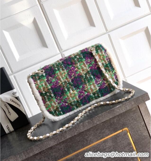 Best Price Chanel Tweed & Shearling Large Flap Bag AS5686 Green/Purple 2025