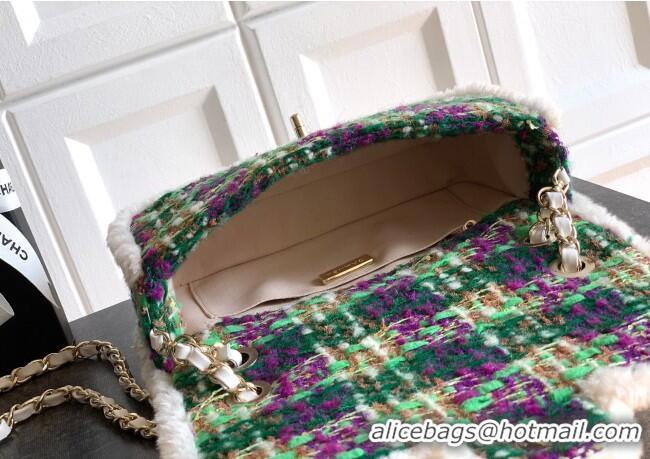 Best Price Chanel Tweed & Shearling Large Flap Bag AS5686 Green/Purple 2025