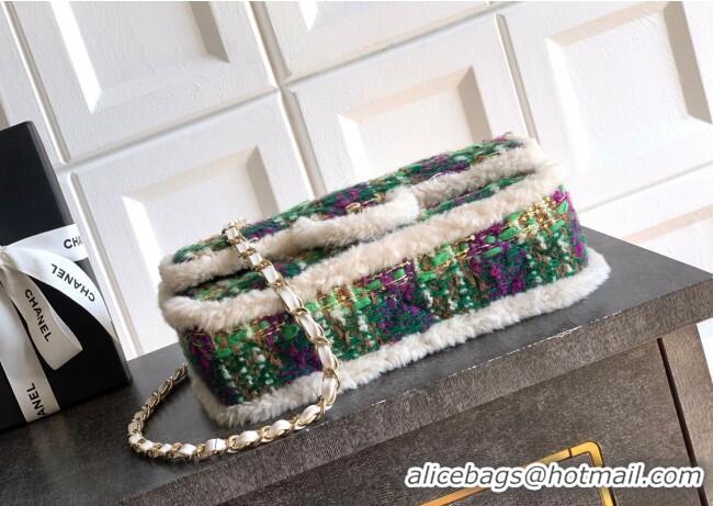 Best Price Chanel Tweed & Shearling Large Flap Bag AS5686 Green/Purple 2025