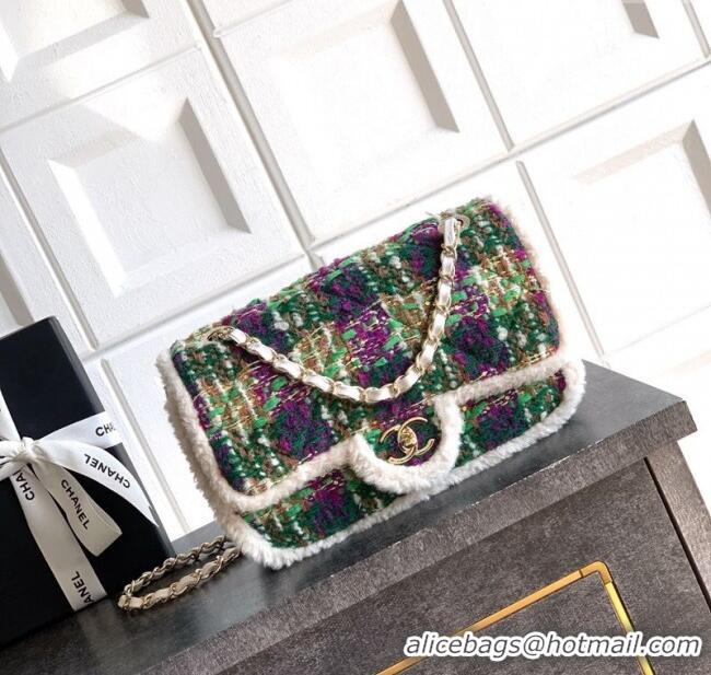 Best Price Chanel Tweed & Shearling Large Flap Bag AS5686 Green/Purple 2025