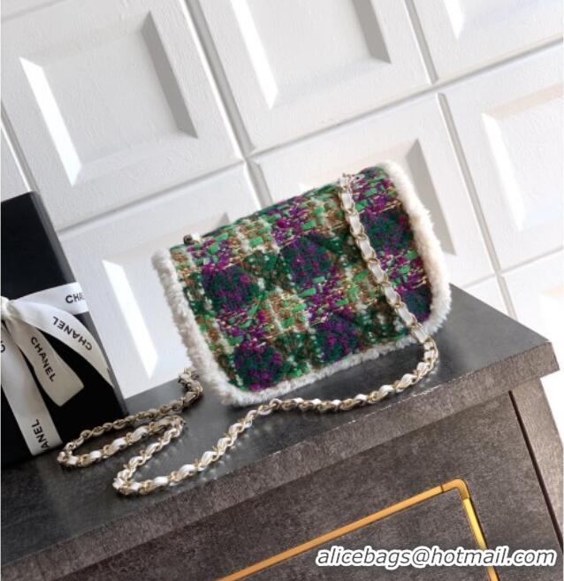 Good Quality Chanel Tweed & Shearling Small Flap Bag AS5686 Green/Purple 2025