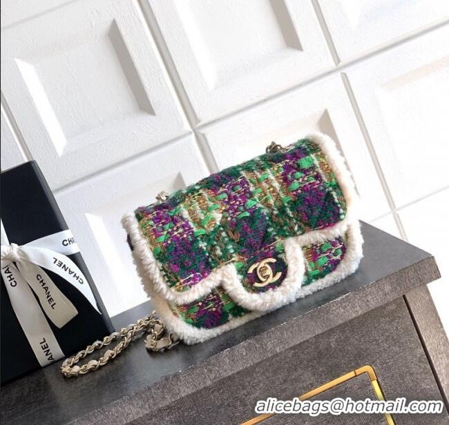 Good Quality Chanel Tweed & Shearling Small Flap Bag AS5686 Green/Purple 2025
