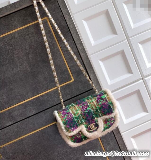 Good Quality Chanel Tweed & Shearling Small Flap Bag AS5686 Green/Purple 2025