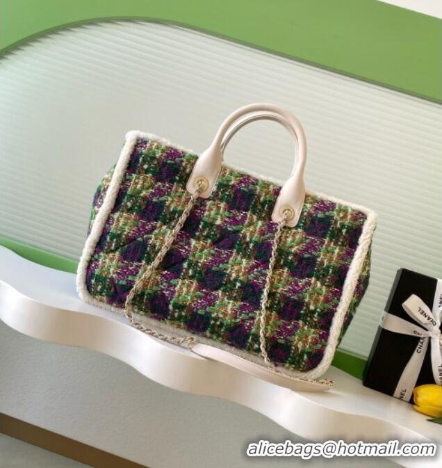 Well Crafted Chanel Tweed & Shearling Shopping Bag AS5689 Green/Purple 2025